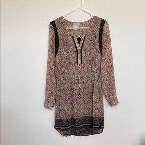 Maeve by Anthropologie Pink and Black Long Sleeve V-Neck Sundress